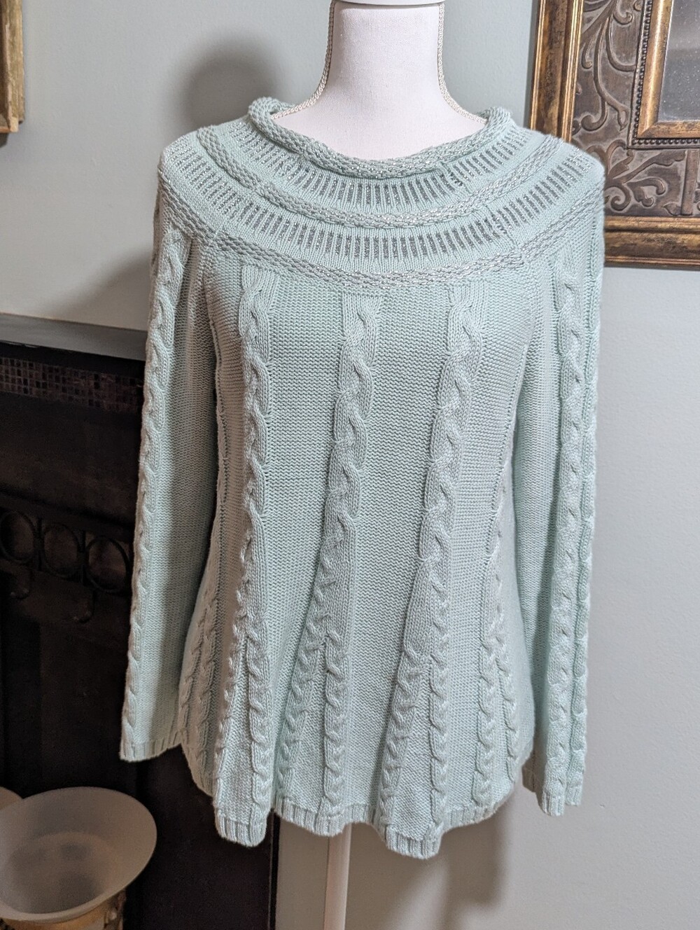 Soft Surroundings Petite Small Cable Knit Rolled Neck A-line Sweater Seafoam